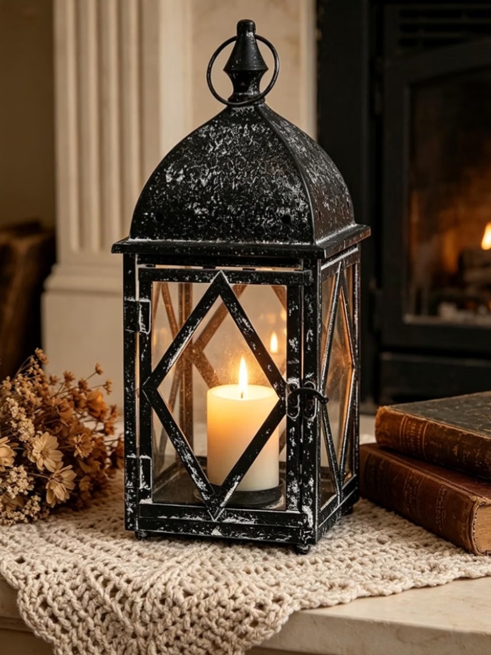 Black Distressed Metal Candle Lantern — Decorative Home Accent NIB - Picture 5 of 8